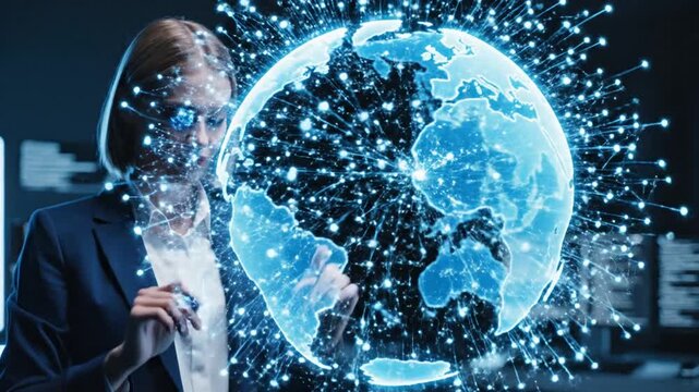 Woman interacting with a digital representation of the Earth amidst a futuristic network visualization