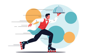 Energetic waiter wearing a red vest and roller skates quickly delivering a meal under a covered dome on a background with colorful circles.