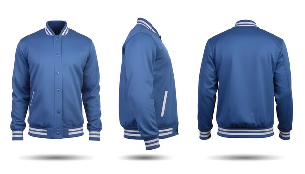 premium isolated blue varsity jacket three layout on white
