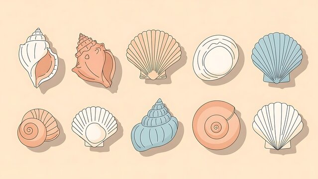 Collection of ten assorted seashells and conches in pastel colors, arranged neatly on a light beige background