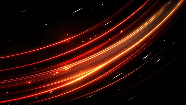 Glowing arcs of light, streaks and small sparks radiate against the deep black background