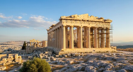 Obraz premium Ancient Parthenon ruins in Athens Greece under blue sky with scaffolding