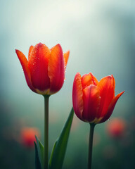 Rainy Morning Tulips with Dew Drops Under Soft Cloudy Sky - Poetic and Introspective Nature Scene