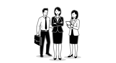 Three Business Professionals Standing Together in a Meeting.