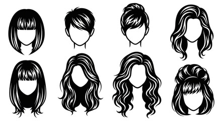 Collection of eight different female hairstyles and haircuts.