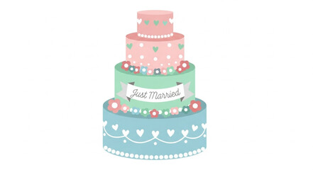 Beautiful tiered wedding cake with pastel colors and decorations.