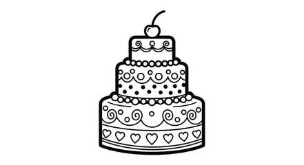Black and white drawing of a three tier wedding cake with cherry on top.