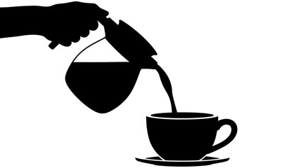 Silhouette of hand pouring coffee from a pot into a cup.