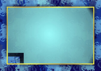 Elegant turquoise abstract background with subtle floral texture and decorative gold frame border. Luxury vintage-inspired design combined with a modern gradient center. Sophisticated composition ide