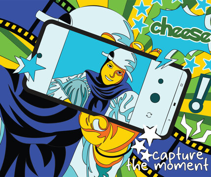 Pop Art Style Vector Illustration of Person Taking Selfie with Smartphone