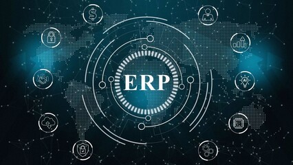 Enterprise resource planning ERP concept. Business, Technology, Internet and network concept. Abstract technology data connection symbols on a deep cyan color background. 3d illustration