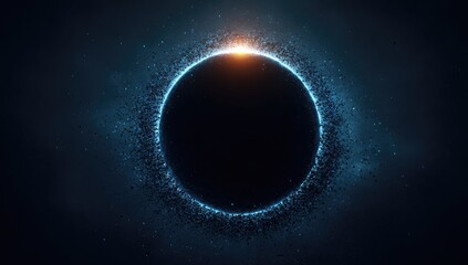 Digital space art, a black sphere encircled by shimmering blue light, with bright orange center