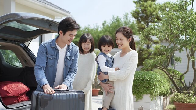自宅前で旅行の荷物を積み込む笑顔の四人家族