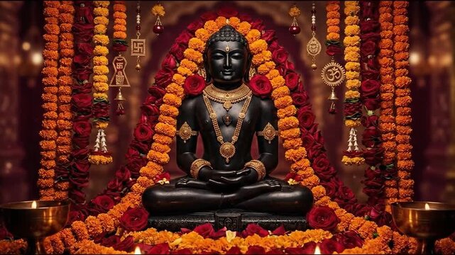 Devotional shot of the meditating mahavir tirthankara statue adorned with warm orange and red garlands for mahavir jayanti.