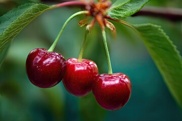 Three ripe, glistening, round, dark red fruit hang from a branch with green leaves