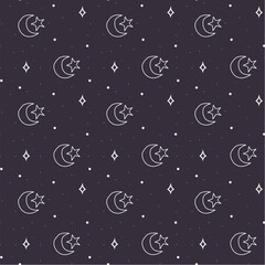 Seamless vector pattern featuring crescent moon and star symbols associated with Ramadan and Islamic celebrations. This repeating decorative background is suitable for textiles, wallpapers, wrapping p