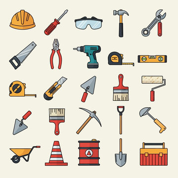 construction tools set building equipment icons.