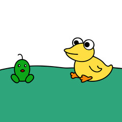 Fototapeta premium duck and frog on a leaf