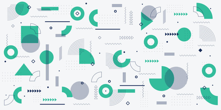 Universal trend halftone geometric shapes set juxtaposed with bright bold line elements composition. Design elements for Magazine, leaflet, billboard, sale
