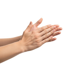 A side-view of a pair of hands captured in the middle of a clapping motion against a solid white background