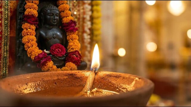 A golden, devotional close-up features a lit clay diya burning before a garlanded statue celebrating mahavir jayanti.