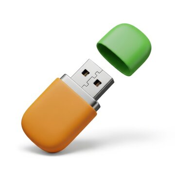 A 3d rendering of an orange usb flash drive with a green cap floating above it on a white background