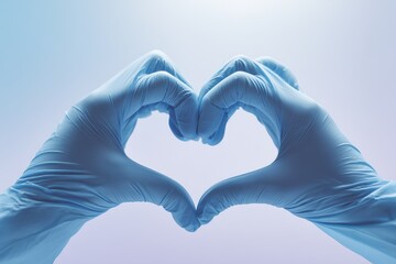 Obraz premium Healthcare professional wearing blue gloves forming a heart shape, symbolizing medical care and love