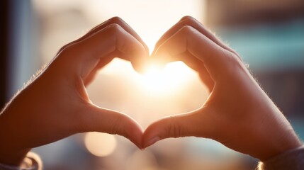 Fototapeta premium Hands forming heart shape symbolizing love, care, and hope with warm sunset light
