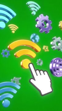 Green Screen pointer cursor clicking technology and internet icons animation on background scene 2 with distortion, overlay, glitch, static noise, scan lines black background, 4k animated video loop
