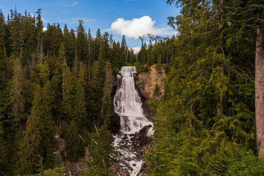 Alexander Falls cascading through forested terrain south of Whistler, British Columbia on a partly sunny day.