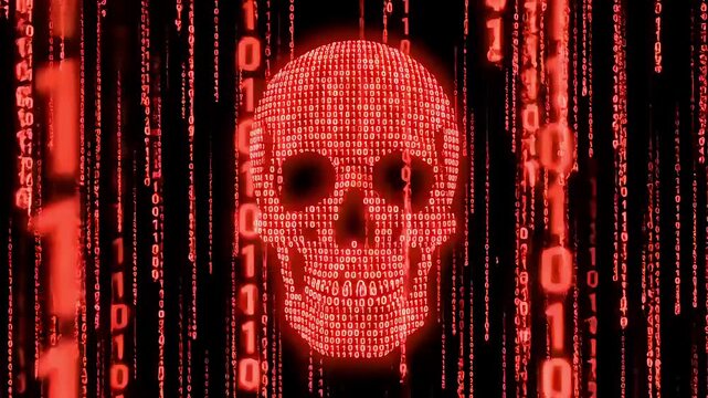 Red glowing skull made of binary code representing cyber threat and digital danger