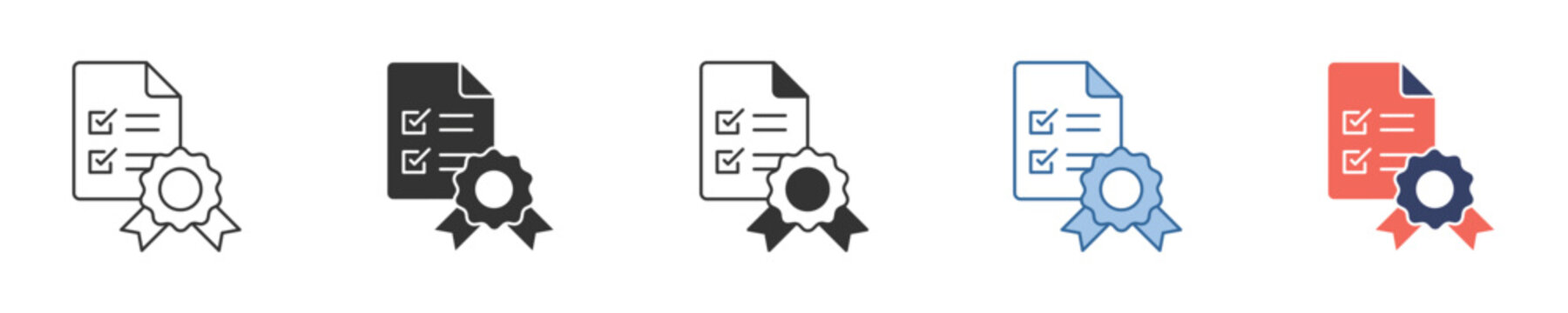 Icon collection of official certificate documents and quality assurance badges, symbolizing professional recognition, academic achievements, and compliance standards