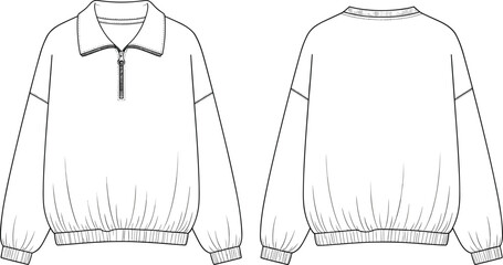 Technical fashion flat sketch of long sleeve half zip pullover jacket front and back view with ribbed hem design © meri999