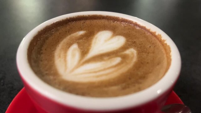 close up view of hot cafe latte in the re d cup or mug. art. coffee shop, cafe, restaurant. dine, dining. white. isolated on iron black table background. light, lights. lamp, lamps. night. dark.