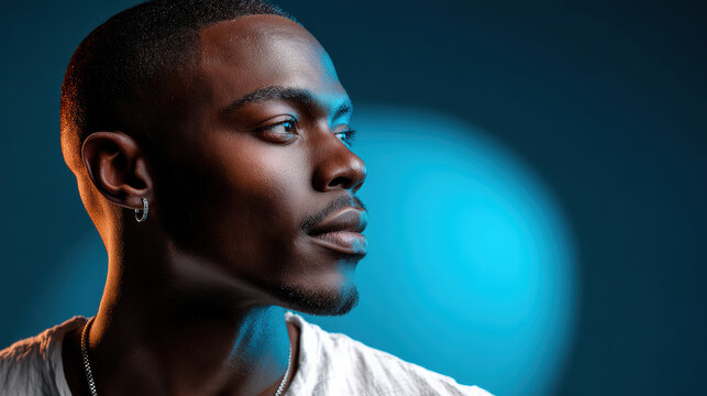 Portrait young man black man shaved head side view earring blue background studio lighting confident expression contemplative mood portrait