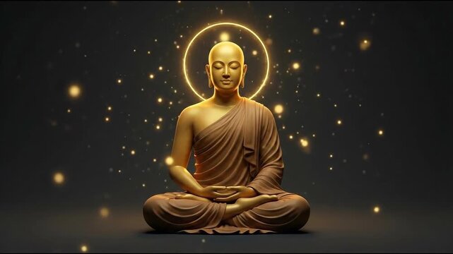 Golden 3d rendering of mahavir meditating with a sparkling halo against a dark background, conveying a serene spiritual mood.