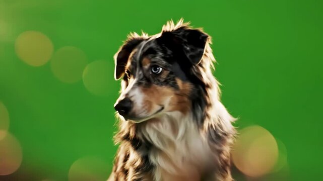 Green Screen australian shepherd dog sitting and looking around on a chroma key scene 2 with distortion, overlay, glitch, static noise, scan lines black background, 4k animated video loop