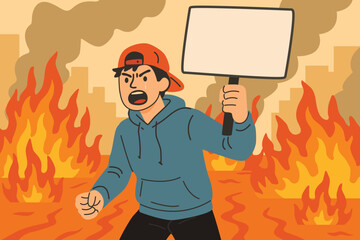chaos concept, angry protestor holding sign , screaming during violent riot in burning city , cartoon vector 