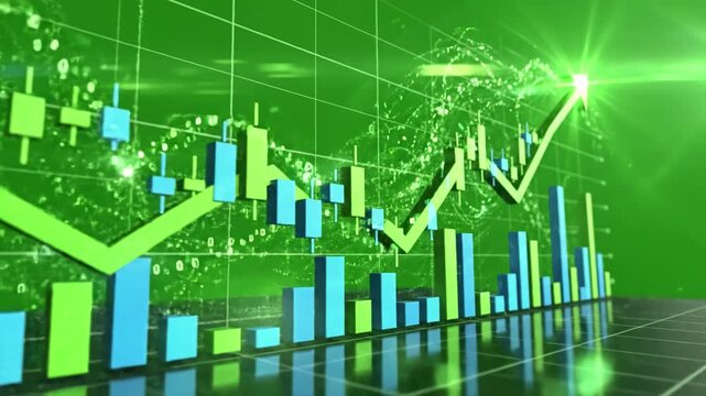 Green Screen animated stock market financial graph with uptrend line beautifully designed growing chart for trading and investment seamlessly looped scene 3 distortion, overlay, glitch, static noise