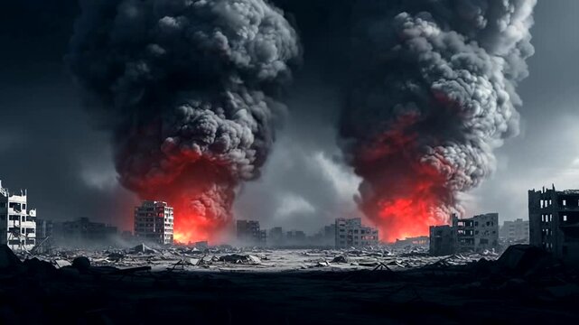 Massive explosions and fire engulf city buildings creating huge smoke plumes.