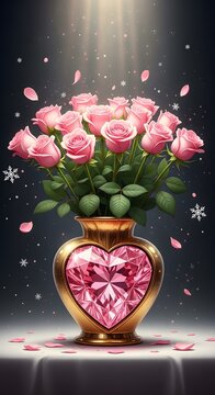 Romantic pink roses in heart shaped vase with sparkling snowflakes