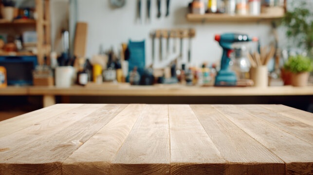 Wooden table workbench workshop empty surface copy space blurred background carpentry rustic tool shelf home garage wooden table workbench cozy