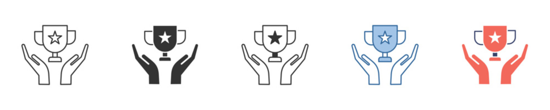 Versatile vector icon collection featuring cupped hands gently holding a star-adorned trophy, symbolizing achievement, recognition, collaborative success, support, and winning an award