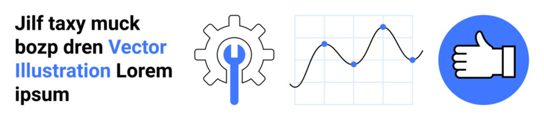 Obraz premium Business tools, maintenance services, performance analysis, user feedback, success metrics, visualization. Gear with wrench, graph line and thumbs-up icon. Business tools and maintenance services
