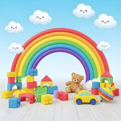 Obraz premium Cheerful children's playroom scene with colorful building blocks, teddy bear, car, and rainbow under a bright blue sky with cute clouds.