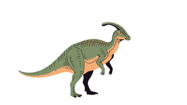 Green and orange parasaurolophus dinosaur walking in profile view against a white background in a detailed prehistoric animal illustration.