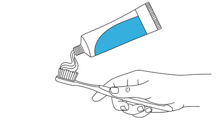 Fototapeta premium Hand drawn illustration of a tube of blue paste being squeezed onto a white toothbrush to show dental hygiene and oral care.
