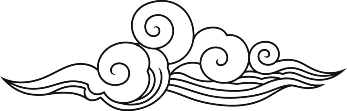 Stylized black and white line art drawing depicting swirling traditional oriental clouds and stylized waves suitable for cultural design elements or tattoos