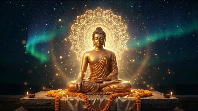 Serene golden mahavir jayanti statue glowing under a starry sky, commemorating janma kalyanak in a spiritual setting.