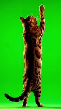 Green Screen 4k bengal cat on isolated with chroma key standing up hind legs facing backward reaching paw scene 2 distortion, overlay, glitch, static noise, scan lines black background, animated video